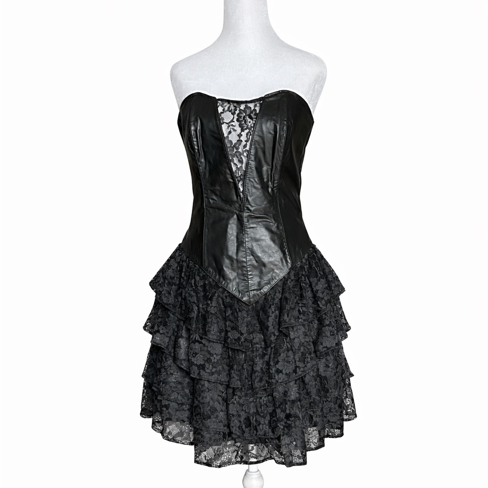 Vintage Chia Leather Corset Lace Tiered Ruffle Dress 90s Korea Rocker Punk Sz 12